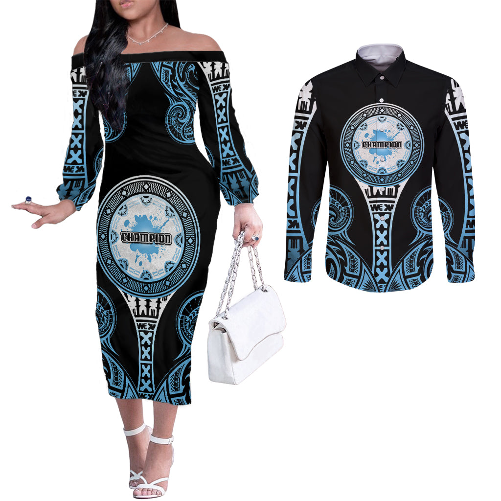 Personalized Fiji Obstacle Race 2023 Couples Matching Off The Shoulder Long Sleeve Dress and Long Sleeve Button Shirts Go Champion LT05 Blue - Polynesian Pride