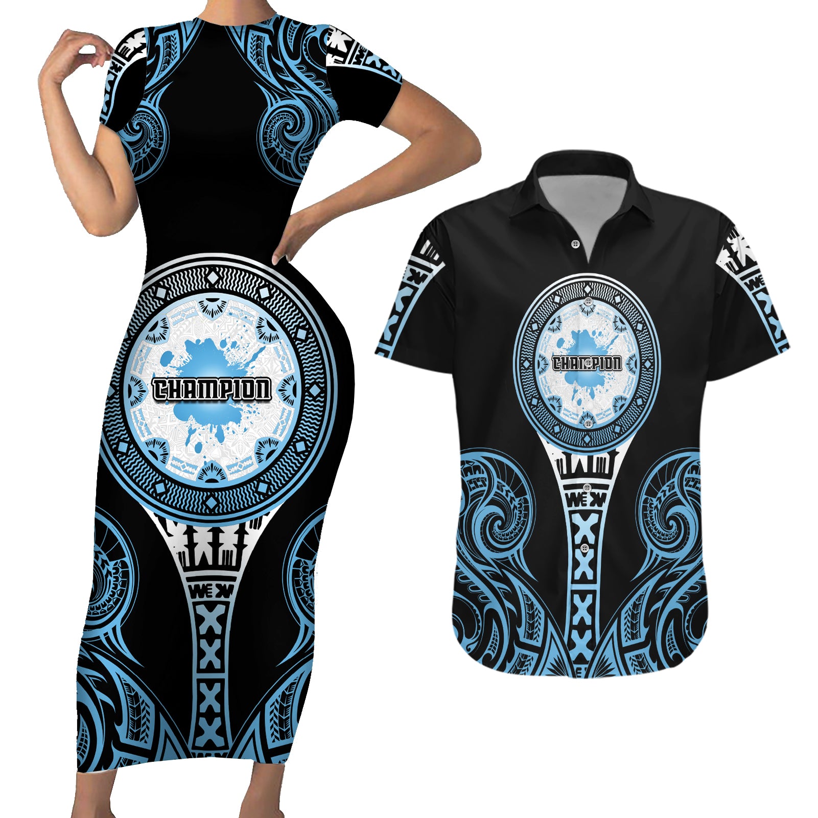 Personalized Fiji Obstacle Race 2023 Couples Matching Short Sleeve Bodycon Dress and Hawaiian Shirt Go Champion LT05 Blue - Polynesian Pride