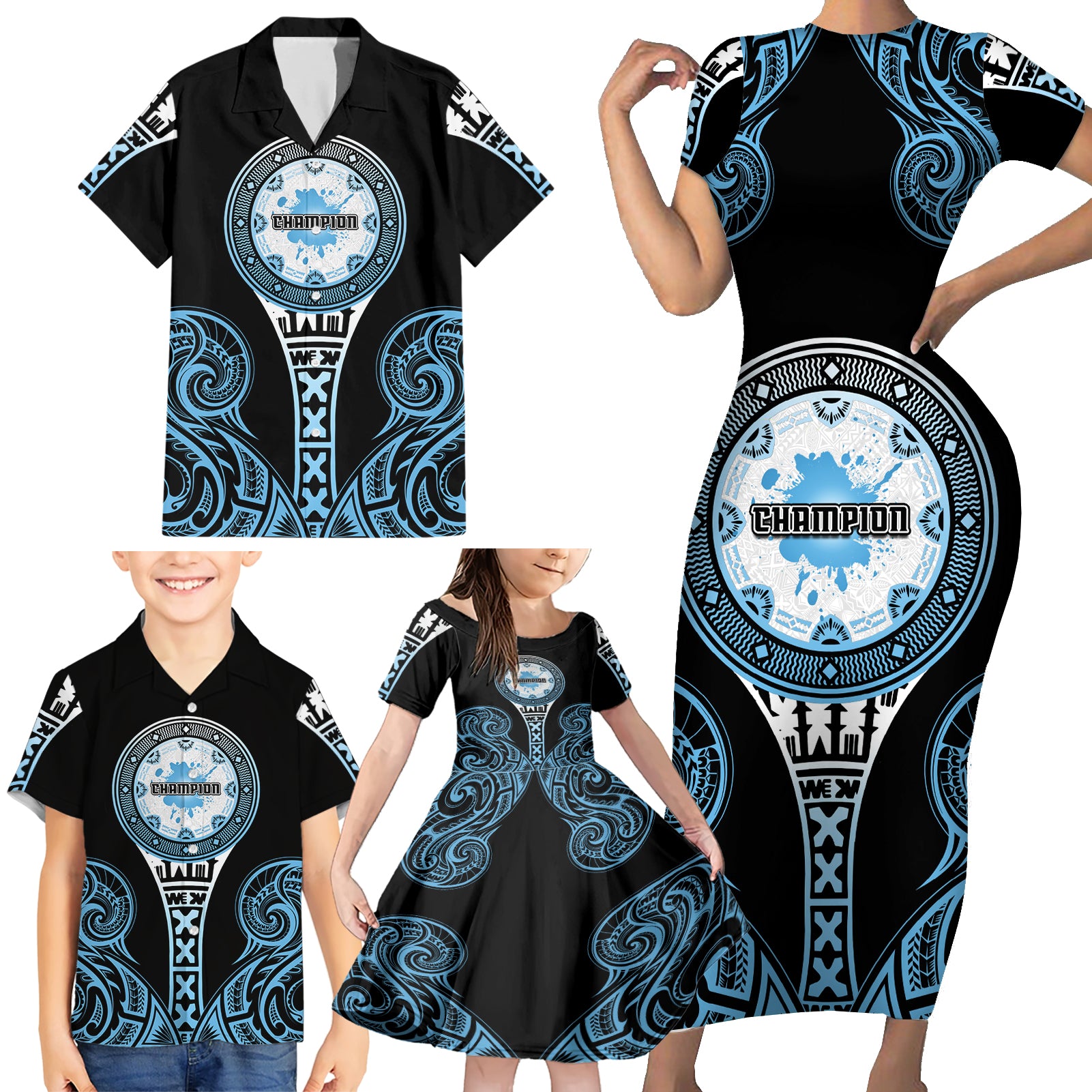 Personalized Fiji Obstacle Race 2023 Family Matching Short Sleeve Bodycon Dress and Hawaiian Shirt Go Champion LT05 - Polynesian Pride