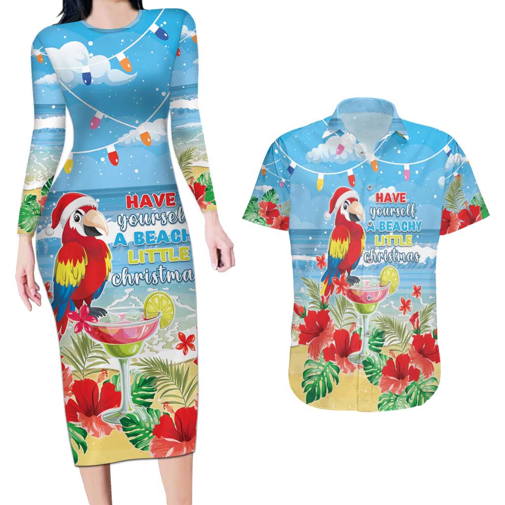 Hawaii Christmas Couples Matching Long Sleeve Bodycon Dress and Hawaiian Shirt Funny Macaw Parrot Tropical Vibe