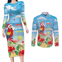 Hawaii Christmas Couples Matching Long Sleeve Bodycon Dress and Long Sleeve Button Shirt Funny Macaw Parrot Tropical Vibe LT05 Blue - Polynesian Pride