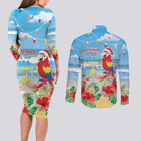Hawaii Christmas Couples Matching Long Sleeve Bodycon Dress and Long Sleeve Button Shirt Funny Macaw Parrot Tropical Vibe LT05 - Polynesian Pride