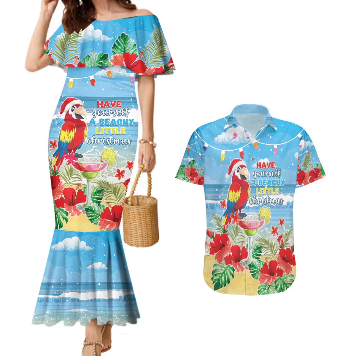 Hawaii Christmas Couples Matching Mermaid Dress and Hawaiian Shirt Funny Macaw Parrot Tropical Vibe