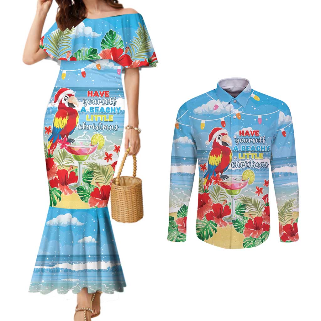 Hawaii Christmas Couples Matching Mermaid Dress and Long Sleeve Button Shirt Funny Macaw Parrot Tropical Vibe LT05 Blue - Polynesian Pride