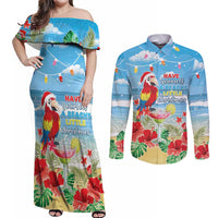 Hawaii Christmas Couples Matching Off Shoulder Maxi Dress and Long Sleeve Button Shirt Funny Macaw Parrot Tropical Vibe