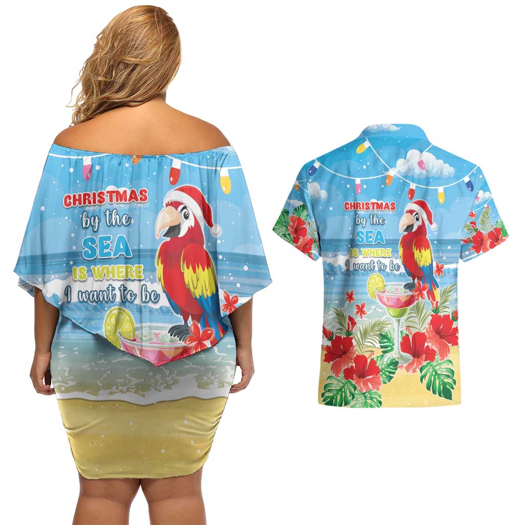 Hawaii Christmas Couples Matching Off Shoulder Short Dress and Hawaiian Shirt Funny Macaw Parrot Tropical Vibe