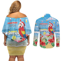 Hawaii Christmas Couples Matching Off Shoulder Short Dress and Long Sleeve Button Shirt Funny Macaw Parrot Tropical Vibe