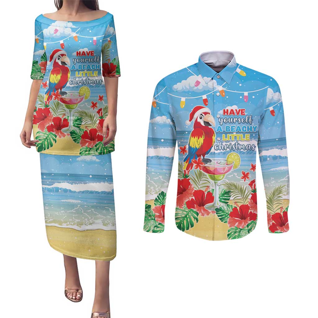 Hawaii Christmas Couples Matching Puletasi and Long Sleeve Button Shirt Funny Macaw Parrot Tropical Vibe LT05 Blue - Polynesian Pride