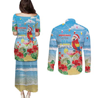 Hawaii Christmas Couples Matching Puletasi and Long Sleeve Button Shirt Funny Macaw Parrot Tropical Vibe LT05 - Polynesian Pride