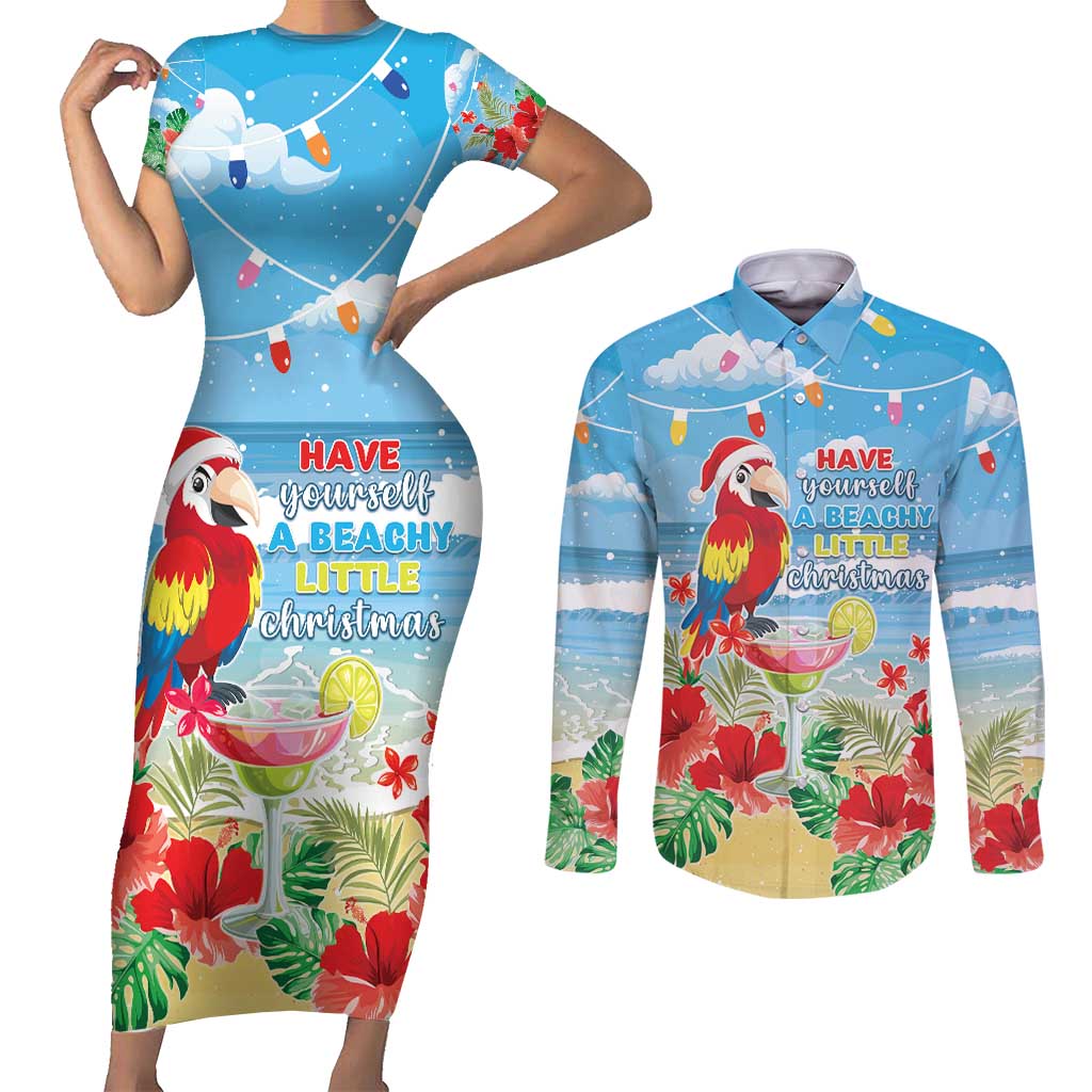 Hawaii Christmas Couples Matching Short Sleeve Bodycon Dress and Long Sleeve Button Shirt Funny Macaw Parrot Tropical Vibe LT05 Blue - Polynesian Pride