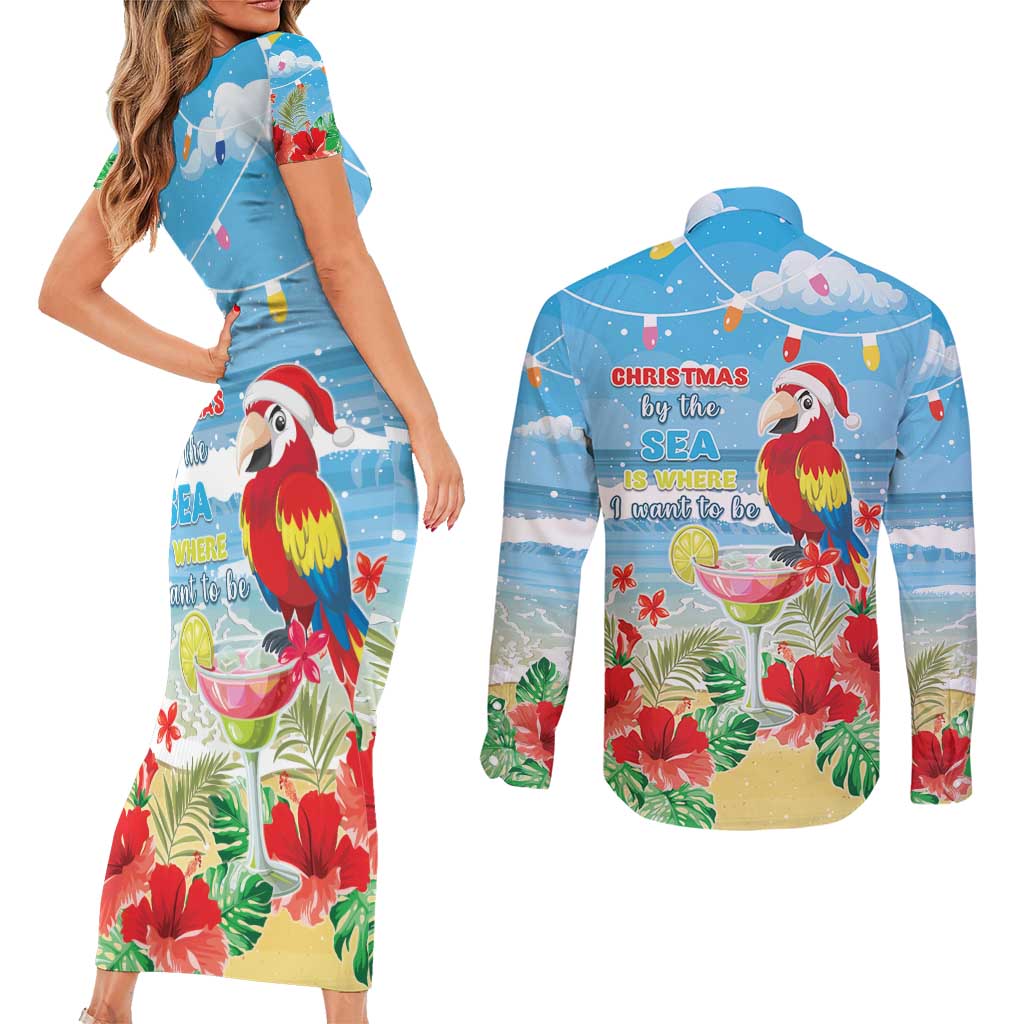 Hawaii Christmas Couples Matching Short Sleeve Bodycon Dress and Long Sleeve Button Shirt Funny Macaw Parrot Tropical Vibe LT05 - Polynesian Pride