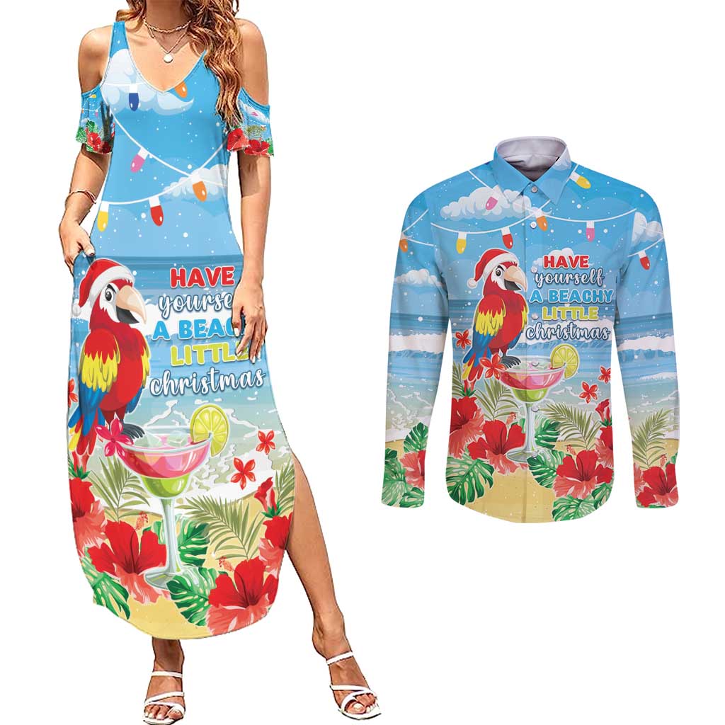 Hawaii Christmas Couples Matching Summer Maxi Dress and Long Sleeve Button Shirt Funny Macaw Parrot Tropical Vibe LT05 Blue - Polynesian Pride