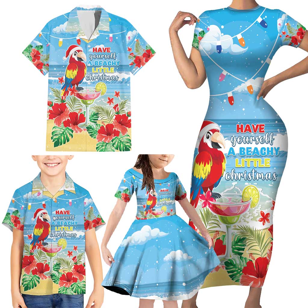 Hawaii Christmas Family Matching Short Sleeve Bodycon Dress and Hawaiian Shirt Funny Macaw Parrot Tropical Vibe