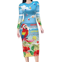 Hawaii Christmas Long Sleeve Bodycon Dress Funny Macaw Parrot Tropical Vibe LT05 Long Dress Blue - Polynesian Pride
