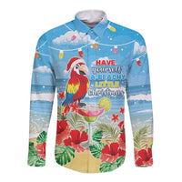Hawaii Christmas Long Sleeve Button Shirt Funny Macaw Parrot Tropical Vibe LT05 Unisex Blue - Polynesian Pride