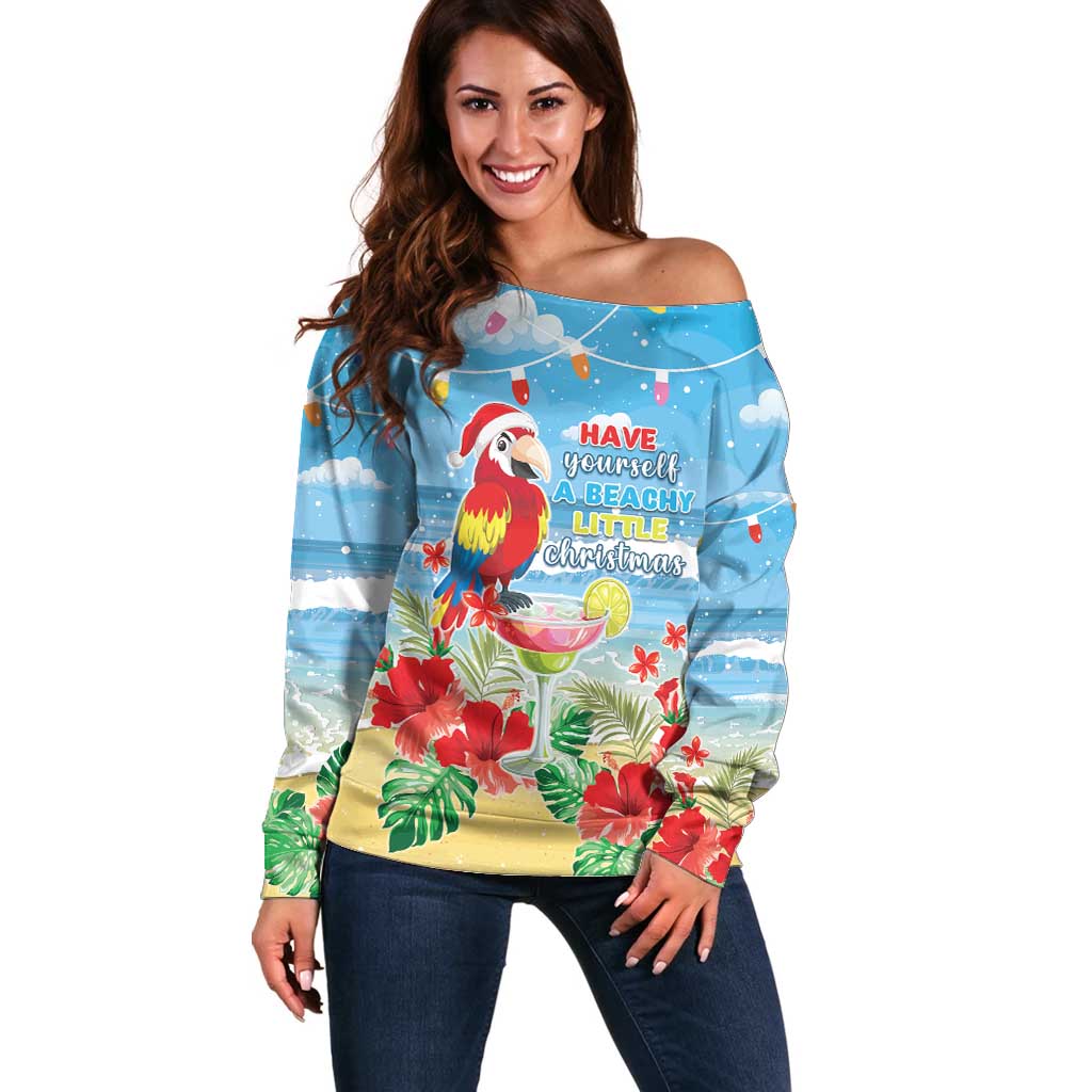 Hawaii Christmas Off Shoulder Sweater Funny Macaw Parrot Tropical Vibe