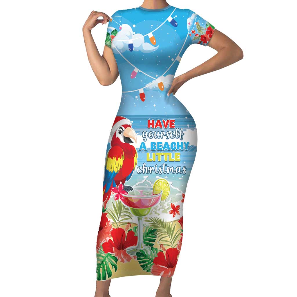 Hawaii Christmas Short Sleeve Bodycon Dress Funny Macaw Parrot Tropical Vibe