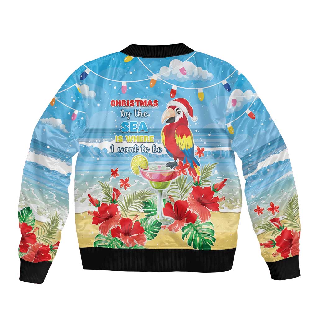 Hawaii Christmas Sleeve Zip Bomber Jacket Funny Macaw Parrot Tropical Vibe