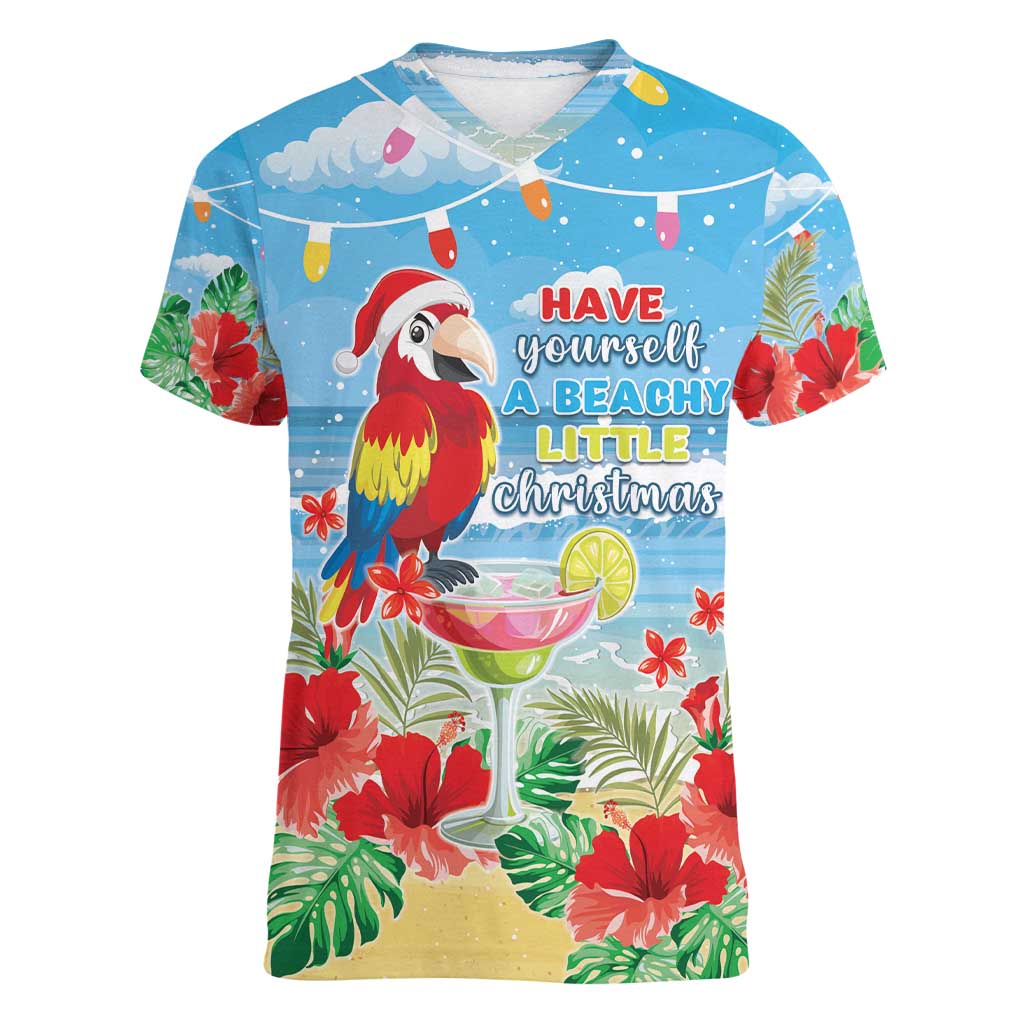 Hawaii Christmas Women V-Neck T-Shirt Funny Macaw Parrot Tropical Vibe LT05 Female Blue - Polynesian Pride