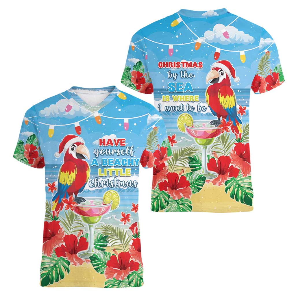 Hawaii Christmas Women V-Neck T-Shirt Funny Macaw Parrot Tropical Vibe LT05 - Polynesian Pride