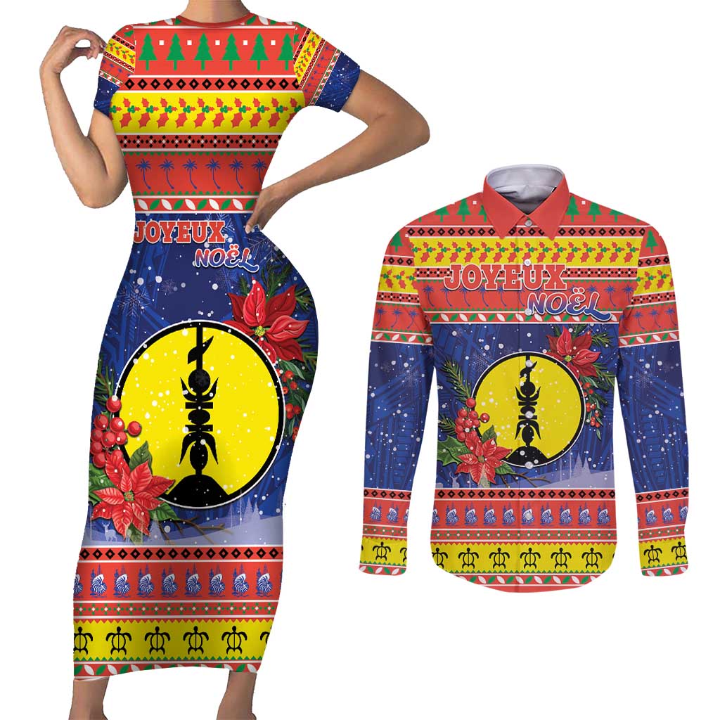 New Caledonia Christmas Couples Matching Short Sleeve Bodycon Dress and Long Sleeve Button Shirt Kanaky Poinsettia Joyeux Noel