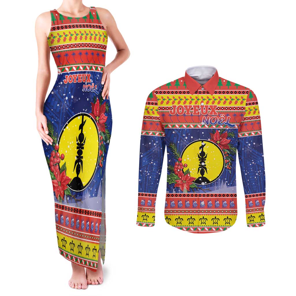 New Caledonia Christmas Couples Matching Tank Maxi Dress and Long Sleeve Button Shirt Kanaky Poinsettia Joyeux Noel