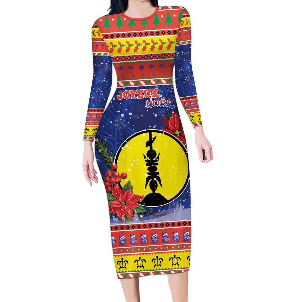 New Caledonia Christmas Long Sleeve Bodycon Dress Kanaky Poinsettia Joyeux Noel