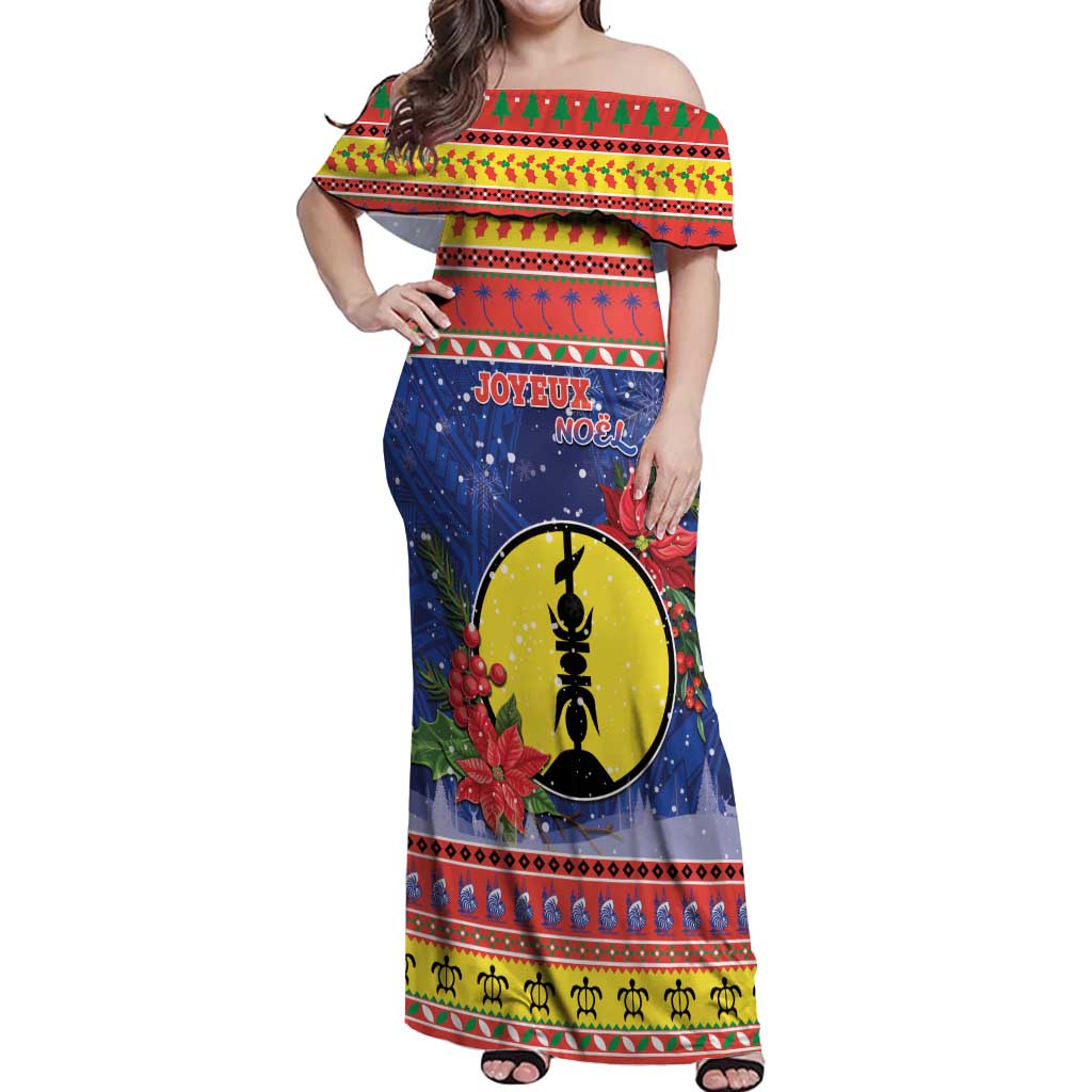 New Caledonia Christmas Off Shoulder Maxi Dress Kanaky Poinsettia Joyeux Noel