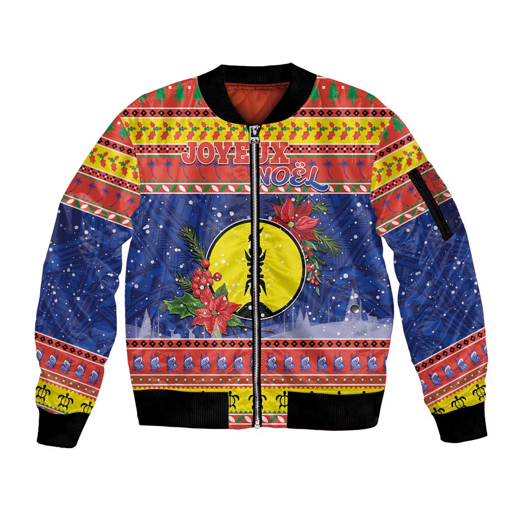 New Caledonia Christmas Sleeve Zip Bomber Jacket Kanaky Poinsettia Joyeux Noel