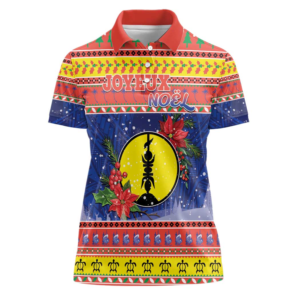 New Caledonia Christmas Women Polo Shirt Kanaky Poinsettia Joyeux Noel