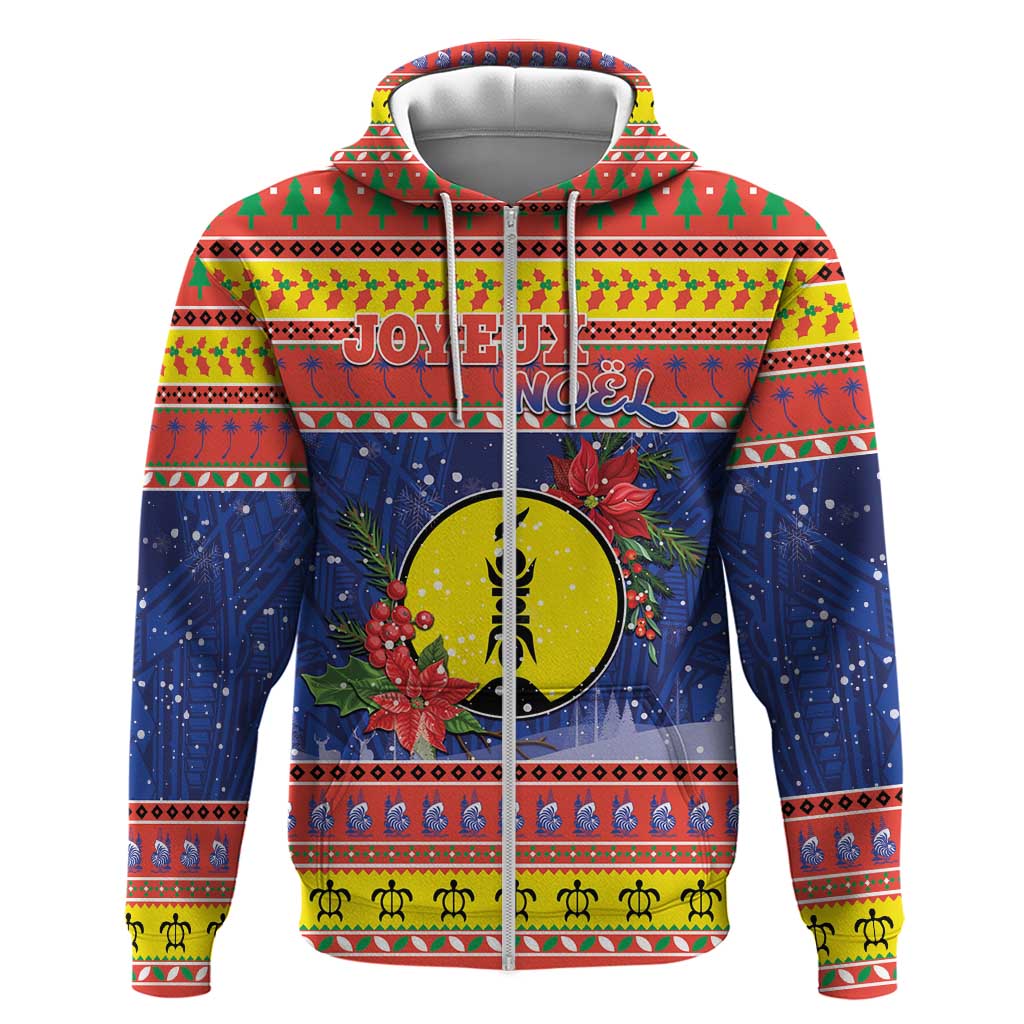 New Caledonia Christmas Zip Hoodie Kanaky Poinsettia Joyeux Noel