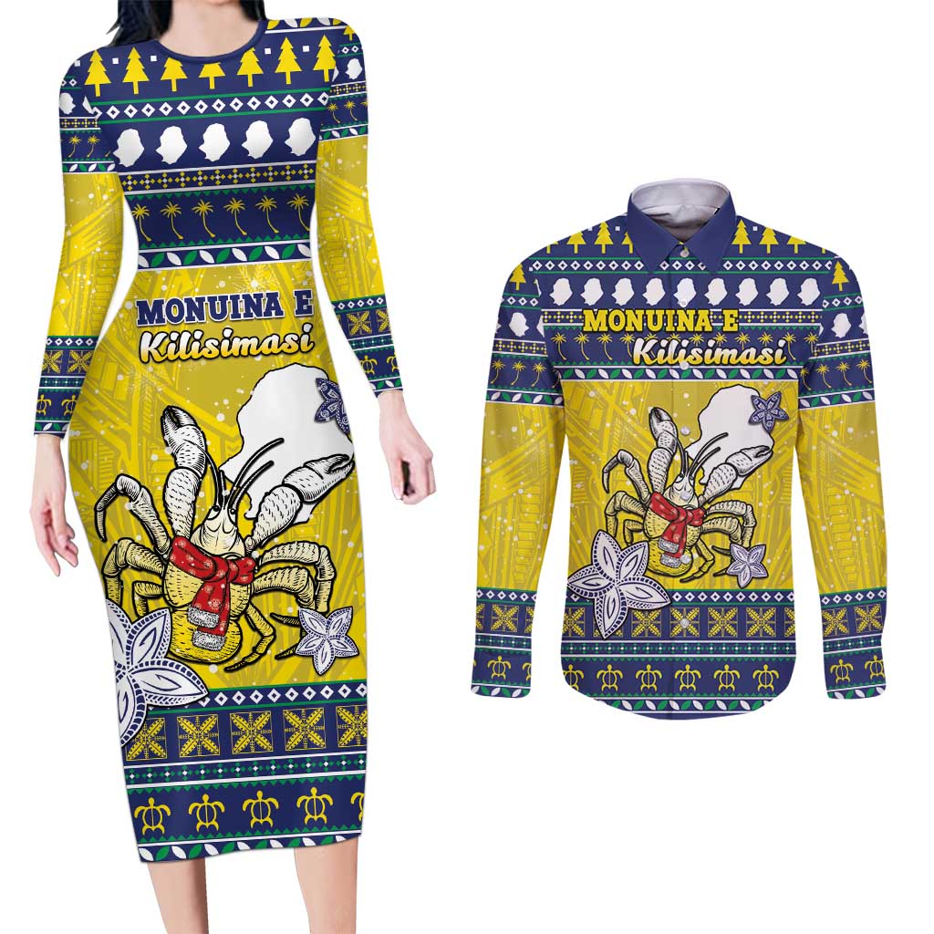 Niue The Rock Christmas Couples Matching Long Sleeve Bodycon Dress and Long Sleeve Button Shirt Niuean Crab Monuina E Kilisimasi