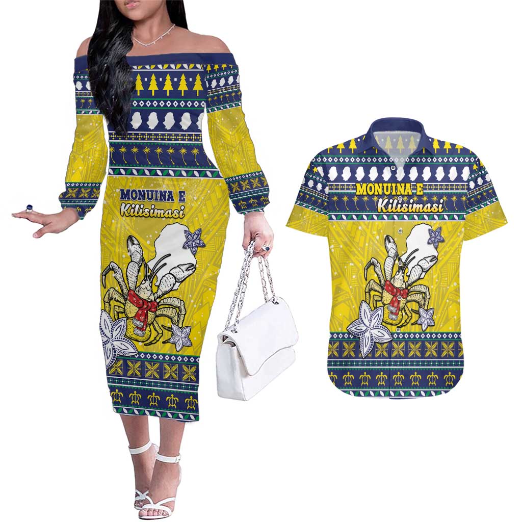 Niue The Rock Christmas Couples Matching Off The Shoulder Long Sleeve Dress and Hawaiian Shirt Niuean Crab Monuina E Kilisimasi