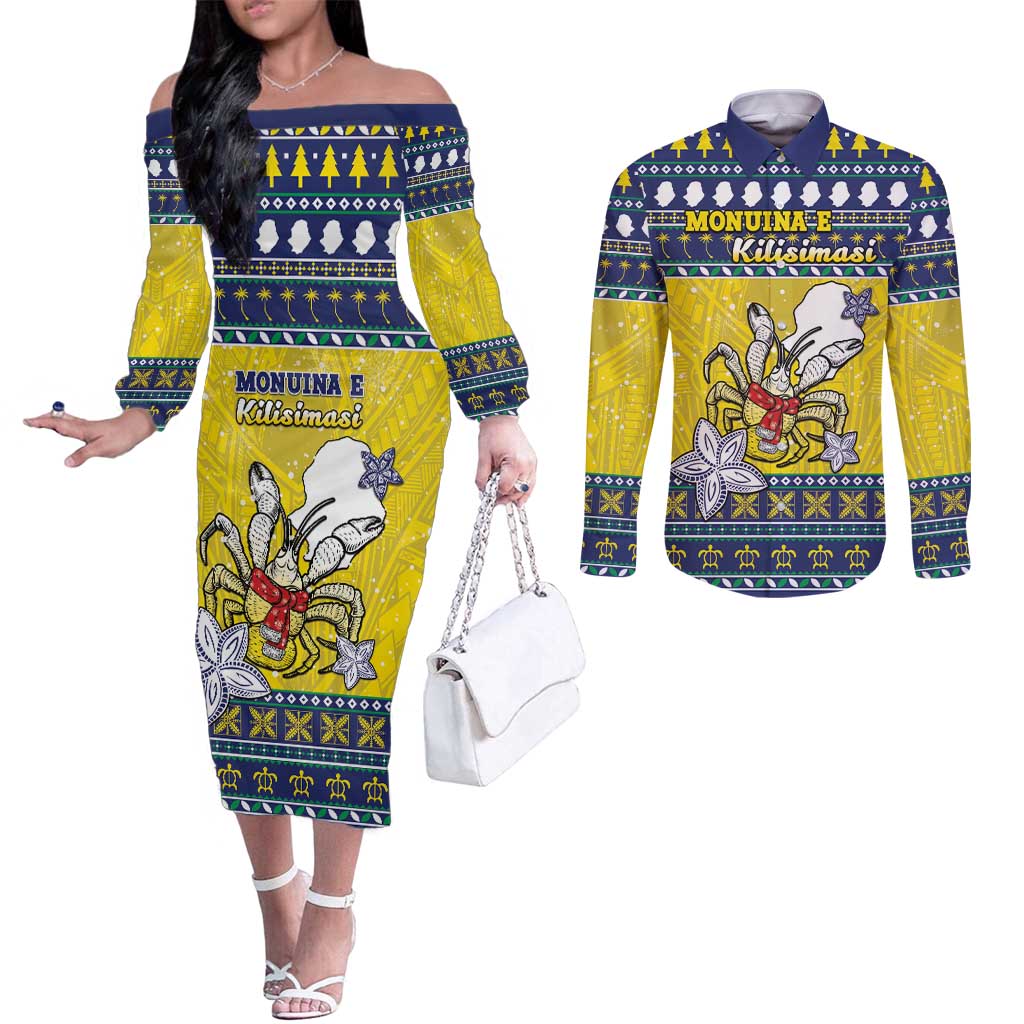 Niue The Rock Christmas Couples Matching Off The Shoulder Long Sleeve Dress and Long Sleeve Button Shirt Niuean Crab Monuina E Kilisimasi