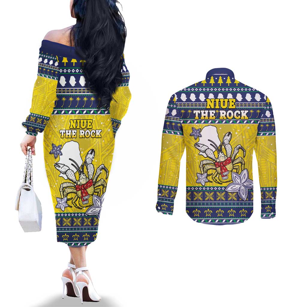 Niue The Rock Christmas Couples Matching Off The Shoulder Long Sleeve Dress and Long Sleeve Button Shirt Niuean Crab Monuina E Kilisimasi