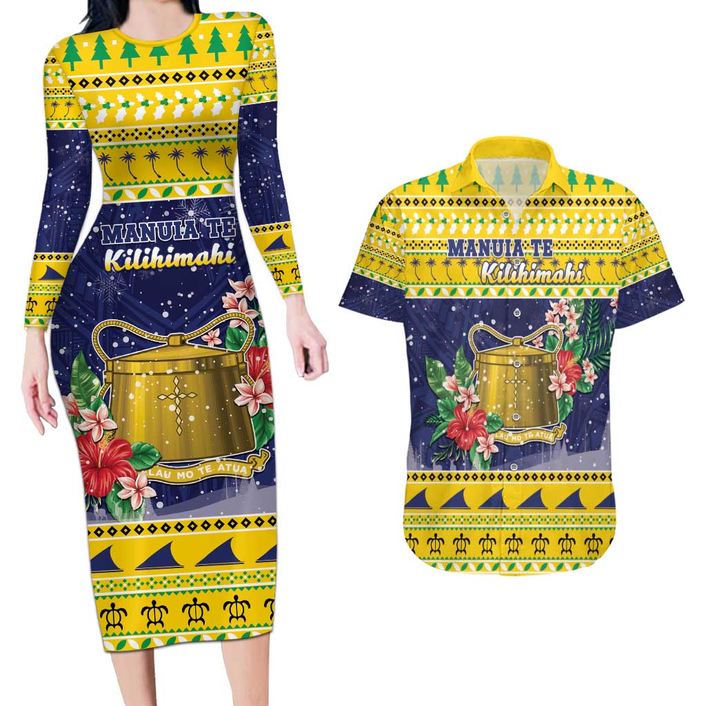 Tokelau Christmas Couples Matching Long Sleeve Bodycon Dress and Hawaiian Shirt Tokelauan Badge Manuia Te Kilihimahi