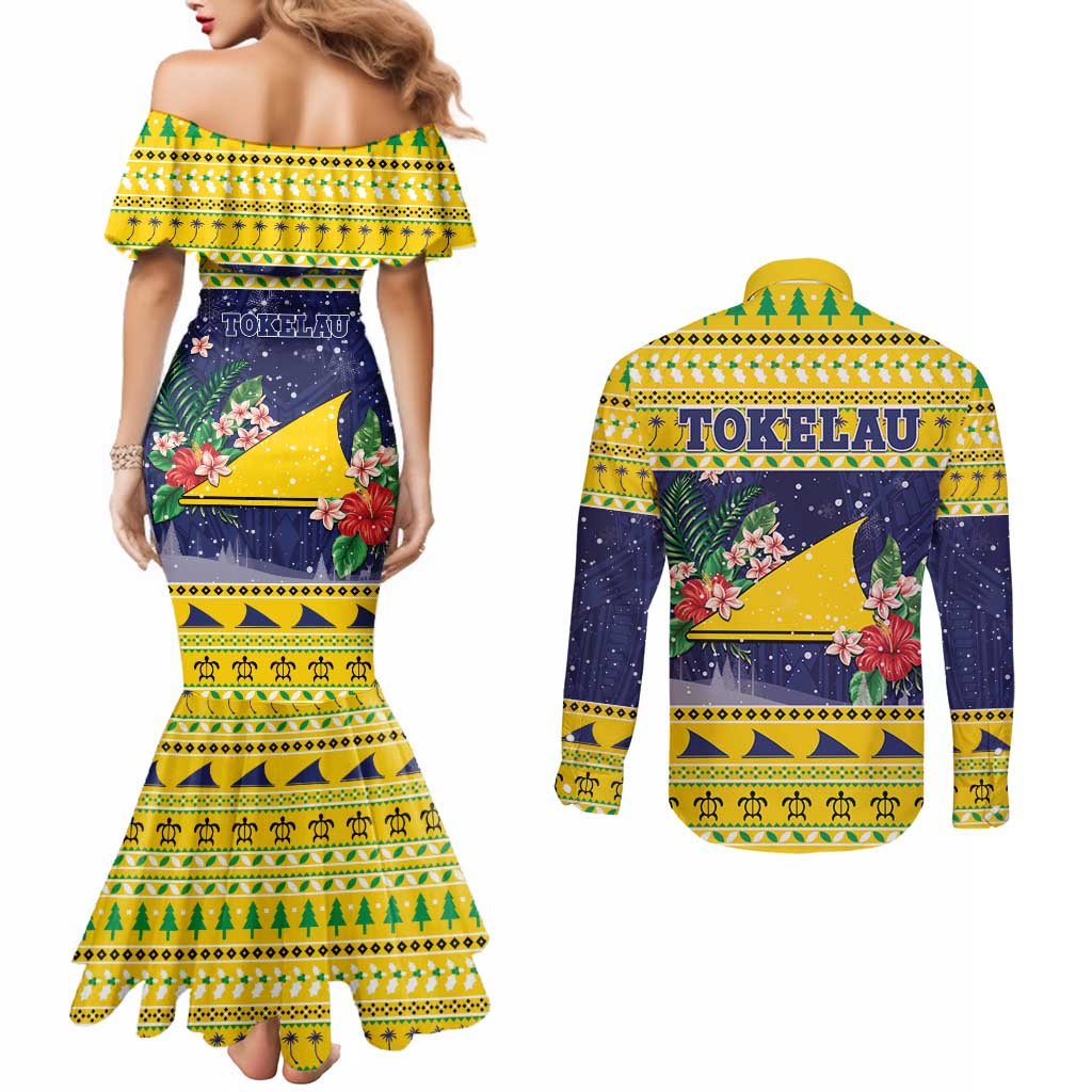 Tokelau Christmas Couples Matching Mermaid Dress and Long Sleeve Button Shirt Tokelauan Badge Manuia Te Kilihimahi