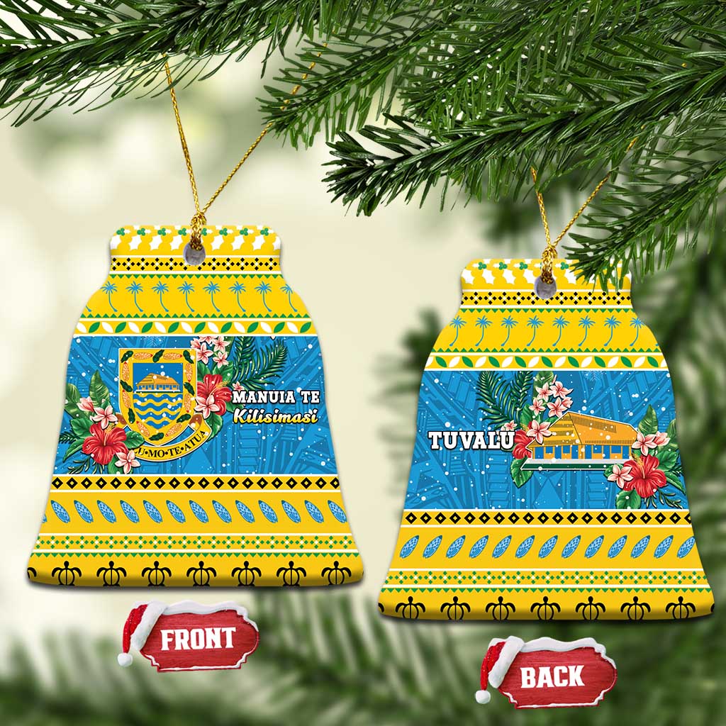 Tuvalu Christmas Ceramic Ornament Coat Of Arms Manuia Te Kilisimasi LT05 Bell Flake Yellow - Polynesian Pride