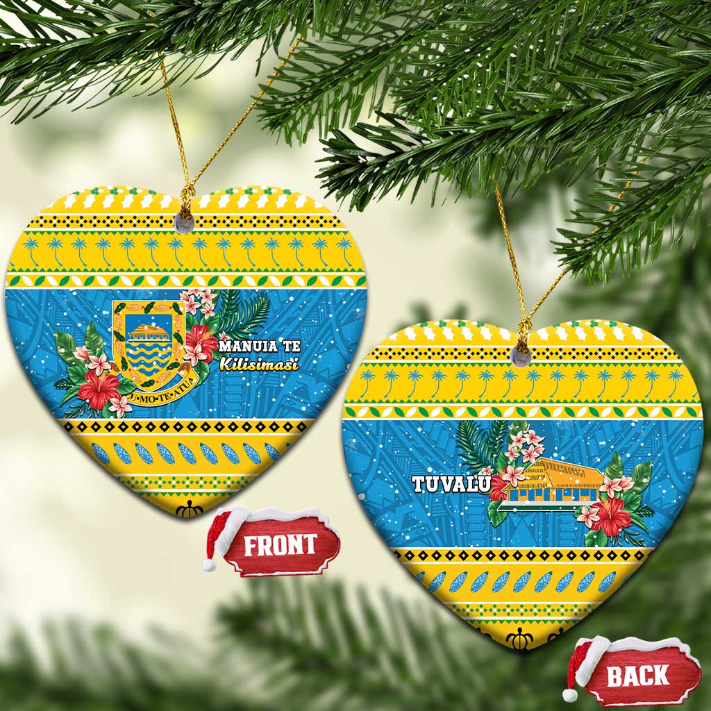 Tuvalu Christmas Ceramic Ornament Coat Of Arms Manuia Te Kilisimasi LT05 Heart Yellow - Polynesian Pride