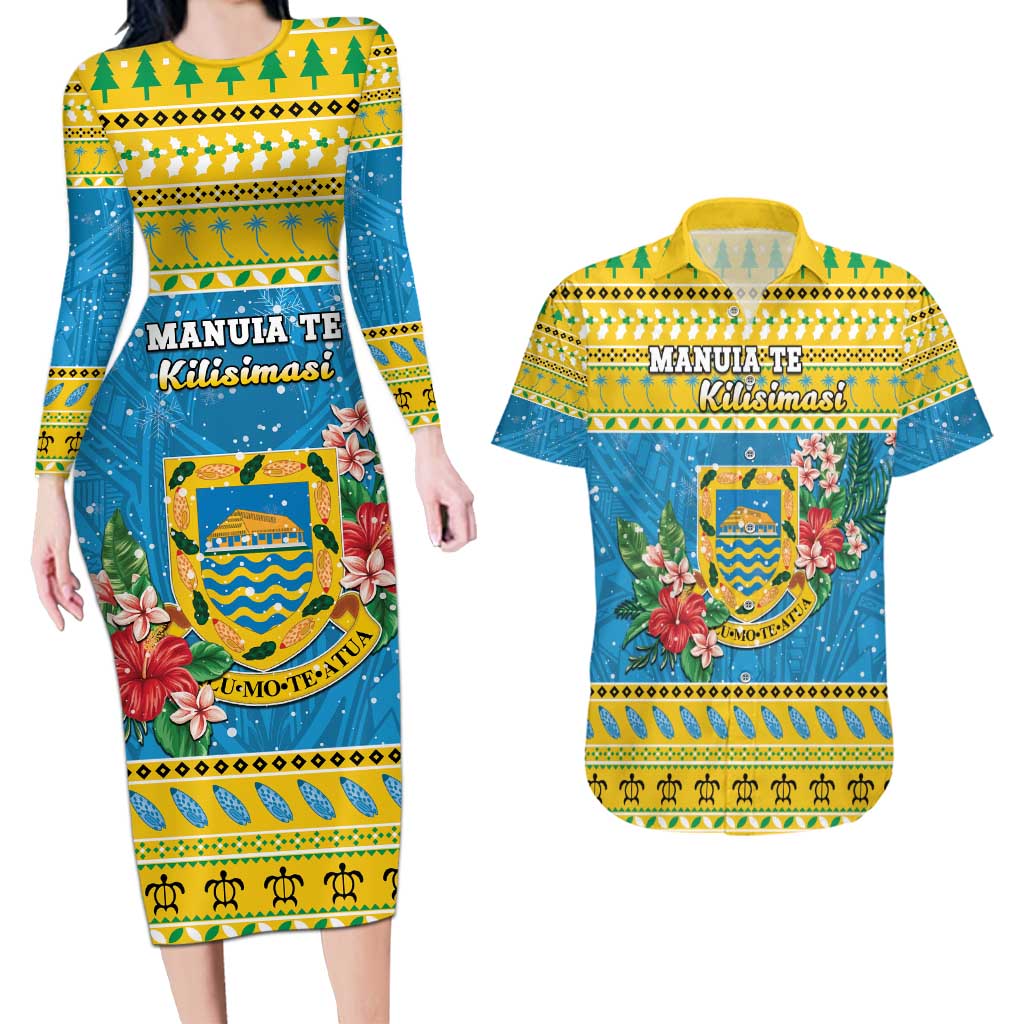 Tuvalu Christmas Couples Matching Long Sleeve Bodycon Dress and Hawaiian Shirt Coat Of Arms Manuia Te Kilisimasi