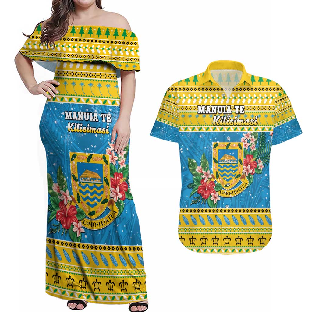 Tuvalu Christmas Couples Matching Off Shoulder Maxi Dress and Hawaiian Shirt Coat Of Arms Manuia Te Kilisimasi