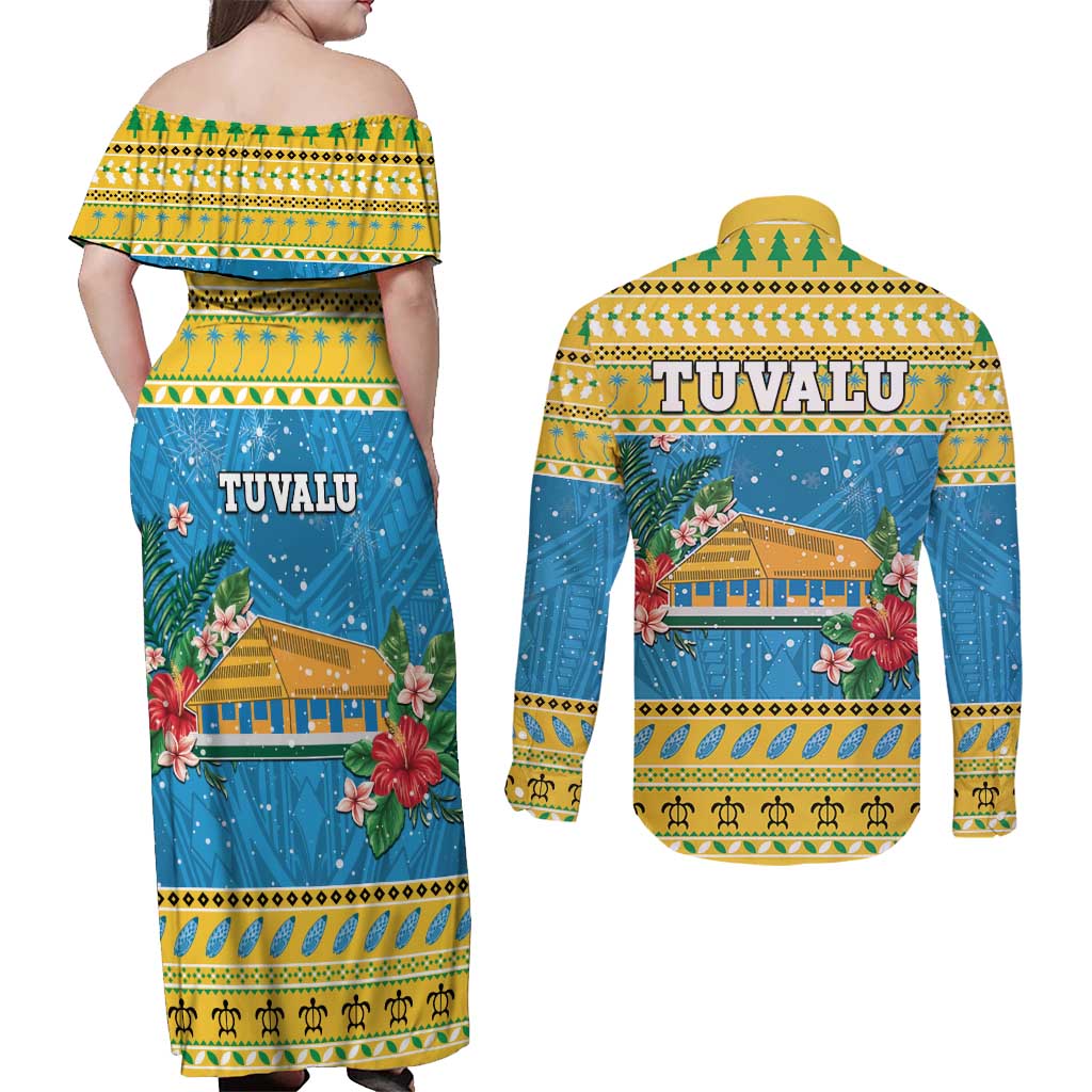 Tuvalu Christmas Couples Matching Off Shoulder Maxi Dress and Long Sleeve Button Shirt Coat Of Arms Manuia Te Kilisimasi