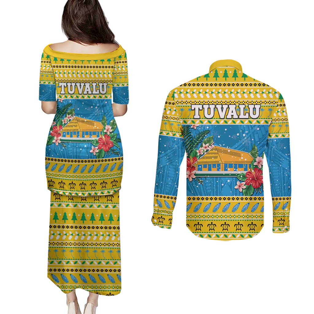 Tuvalu Christmas Couples Matching Puletasi and Long Sleeve Button Shirt Coat Of Arms Manuia Te Kilisimasi