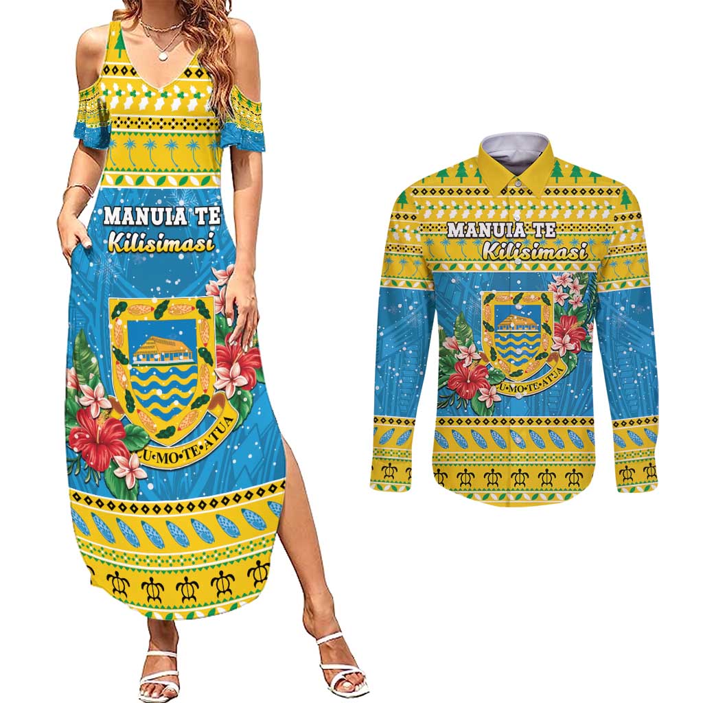 Tuvalu Christmas Couples Matching Summer Maxi Dress and Long Sleeve Button Shirt Coat Of Arms Manuia Te Kilisimasi