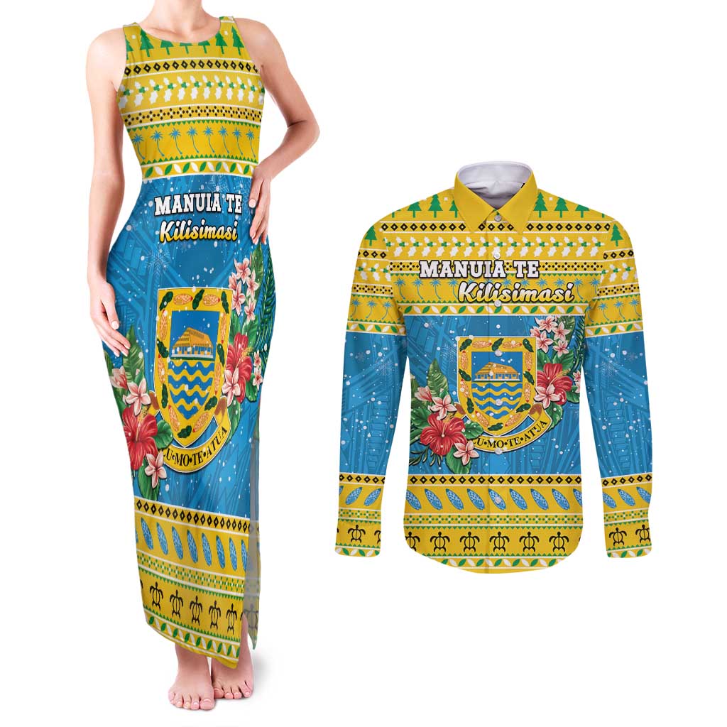 Tuvalu Christmas Couples Matching Tank Maxi Dress and Long Sleeve Button Shirt Coat Of Arms Manuia Te Kilisimasi