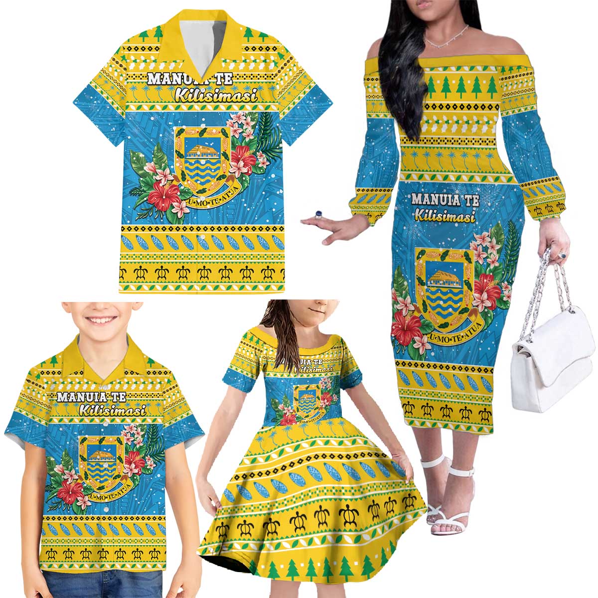 Tuvalu Christmas Family Matching Off The Shoulder Long Sleeve Dress and Hawaiian Shirt Coat Of Arms Manuia Te Kilisimasi