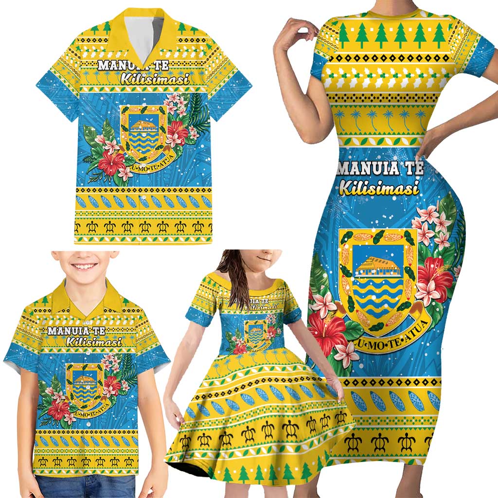 Tuvalu Christmas Family Matching Short Sleeve Bodycon Dress and Hawaiian Shirt Coat Of Arms Manuia Te Kilisimasi