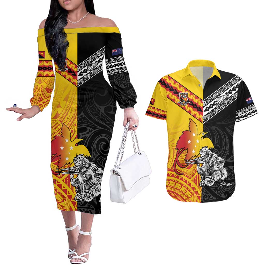 New Zealand And Papua New Guinea Rugby Custom Couples Matching Off The Shoulder Long Sleeve Dress and Hawaiian Shirt Maori Kiwi With Bird of Paradise