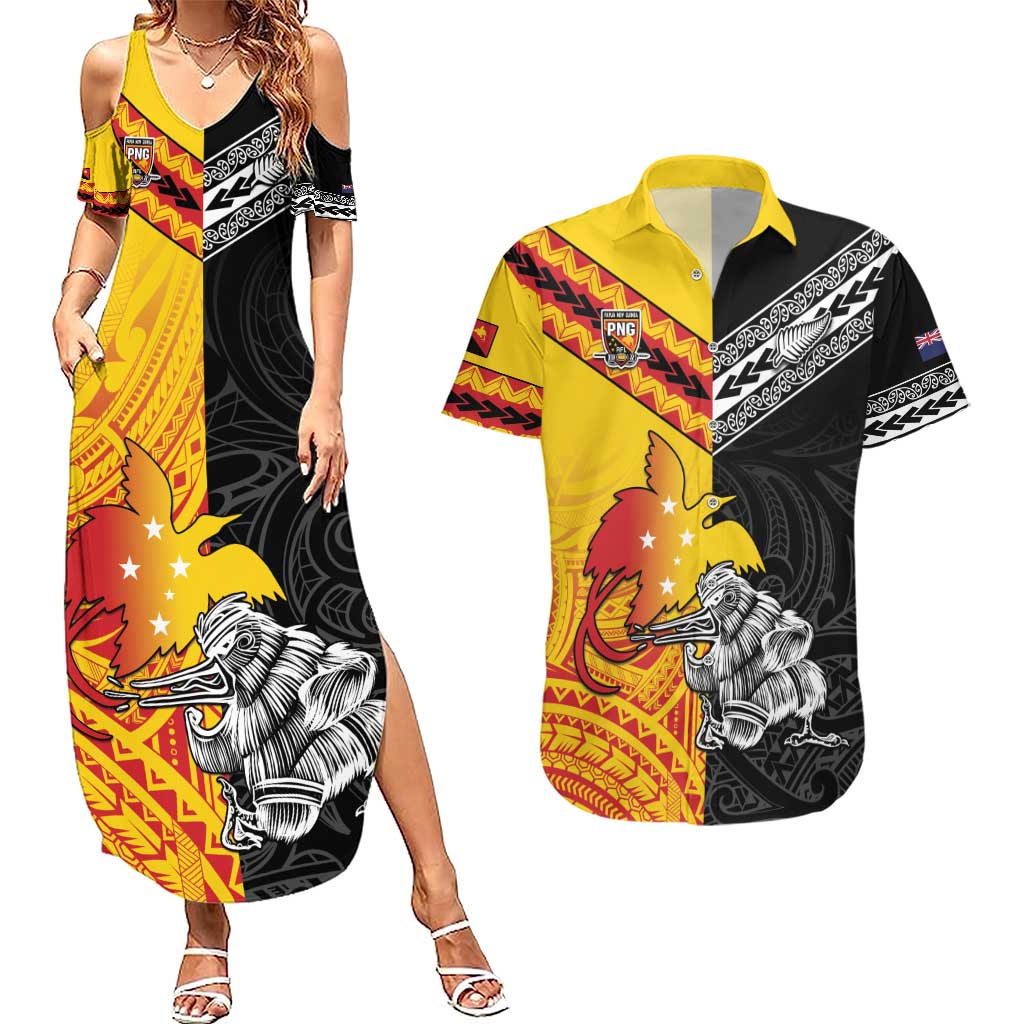 New Zealand And Papua New Guinea Rugby Custom Couples Matching Summer Maxi Dress and Hawaiian Shirt Maori Kiwi With Bird of Paradise