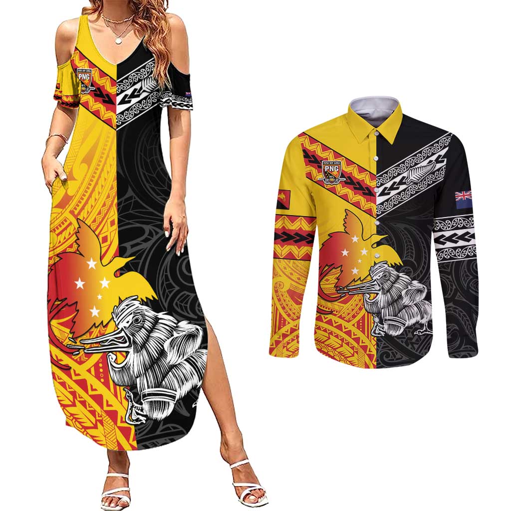 New Zealand And Papua New Guinea Rugby Custom Couples Matching Summer Maxi Dress and Long Sleeve Button Shirt Maori Kiwi With Bird of Paradise